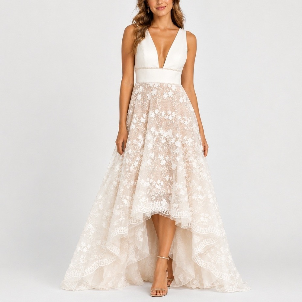 Bronx & Banco Fiona High Low Lace Gown Wedding Dress L US 8 Formal Bridal